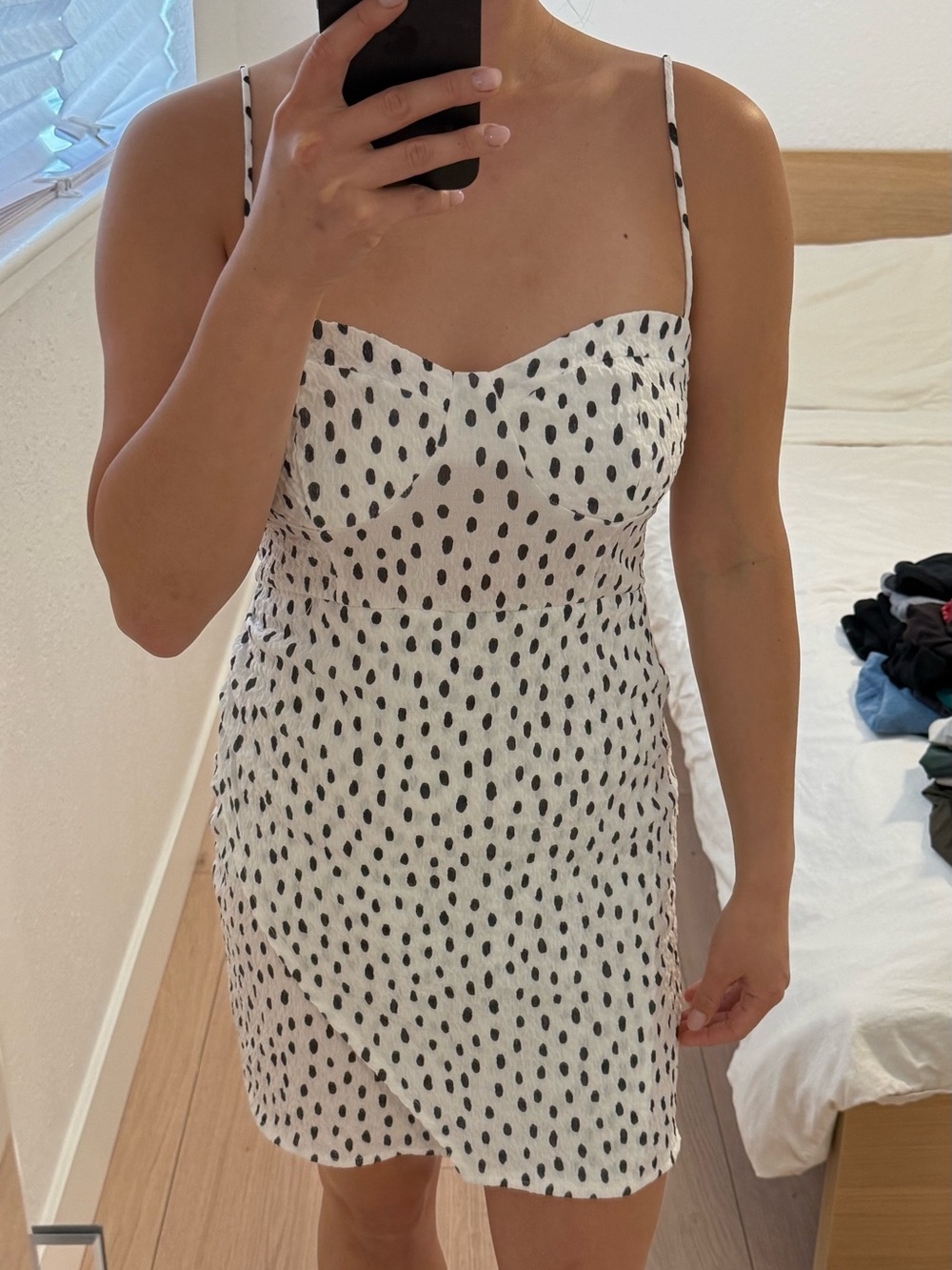 Zara White and Black Polka Dot Spaghetti Strap Dress